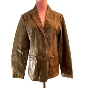 VTG '00 Y2K GAP Leather Blazer Jacket Lined 2 Button Close Olive Green Pockets S